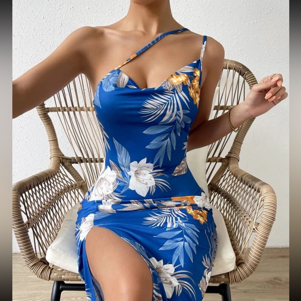 Tropical print draped collar split  dress never worn didn’t fit & never returned